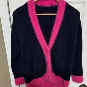 Juicy Couture Navy Blue Cotton Knit Hot Pink Angora Trim Cardigan Size ML